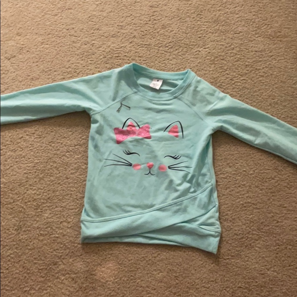 A teal  long sleeve shirt with a cat face on it